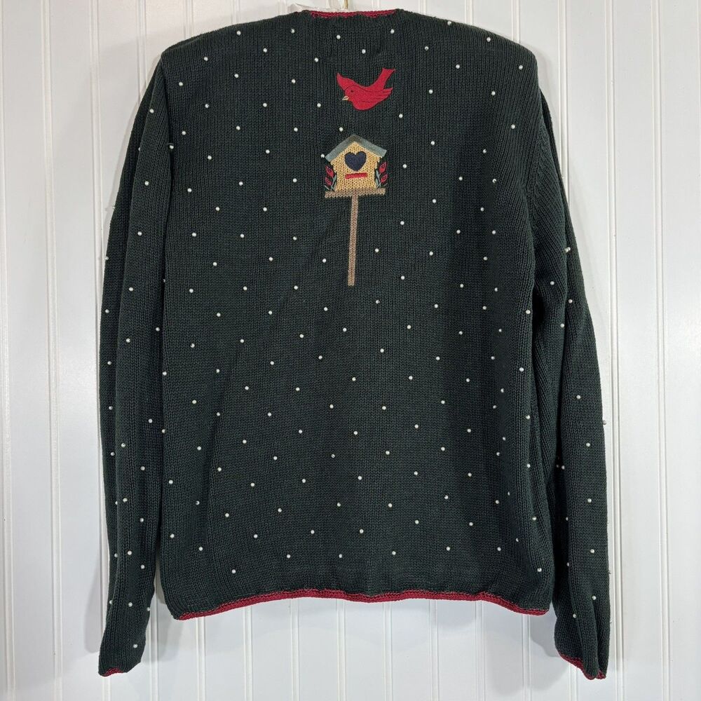 Vintage Womens Winter Sweater Size M Christmas Green 90s Beaded Hand Embroidered - Picture 2 of 13